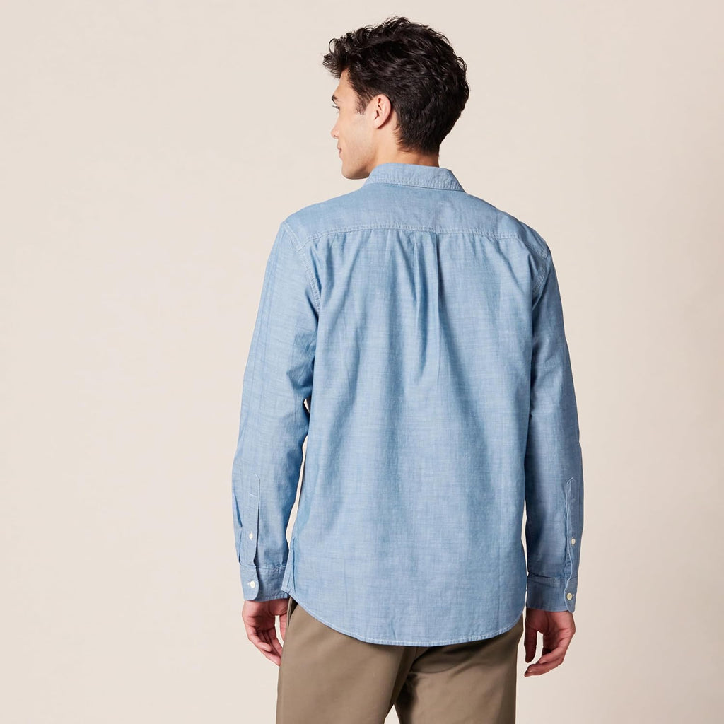 Amazon Essentials Men'S Regular-Fit Long-Sleeve Lightweight Cotton Chambray Shirt With Pockets