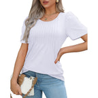 OFEEFAN Womens T Shirts Short Sleeve Pleated Dressy Casual Scooped Neck Summer Tops Blouses