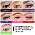 Evpct 7Pcs Colored Liquid Eye Liners Face Stamp Cosplay Gothic Makeup Set Kit For Beginners, Black Brown Purple Blue Red Pink Green Star Flowers Heart Moon Triangle Lightning Butterfly Stamps Eyeliner