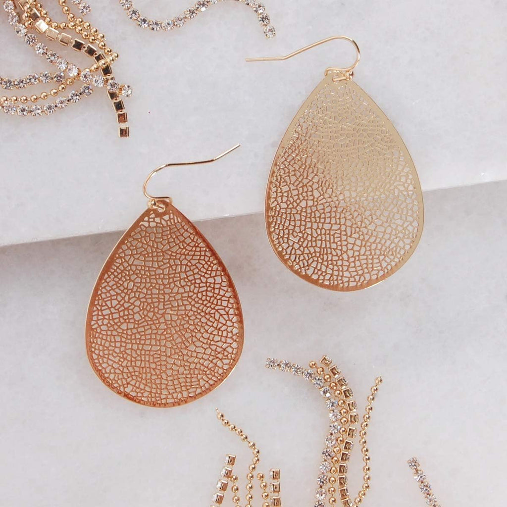 Teardrop Dangle Earrings for Women - Gold, Rose, or Silver Tone Delicate Lightweight Filigree Statement Earrings