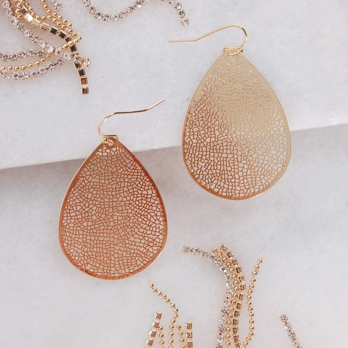Teardrop Dangle Earrings for Women - Gold, Rose, or Silver Tone Delicate Lightweight Filigree Statement Earrings