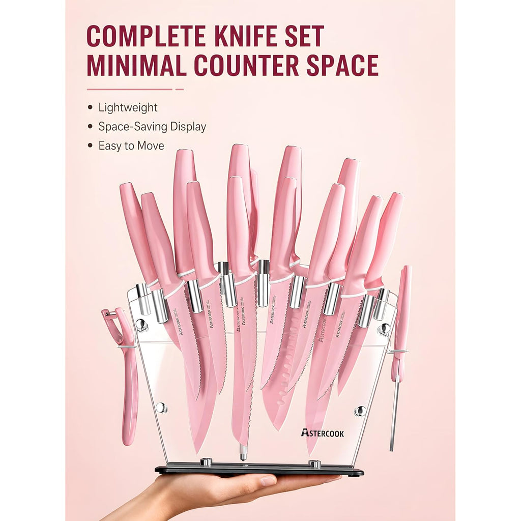 Astercook Knife Set with Block and Sharpener, 22 Piece Kitchen Knife Set Dishwasher Safe, Space-Saving Clear Knife Block with Knives for Everyday Home Cooking Pink