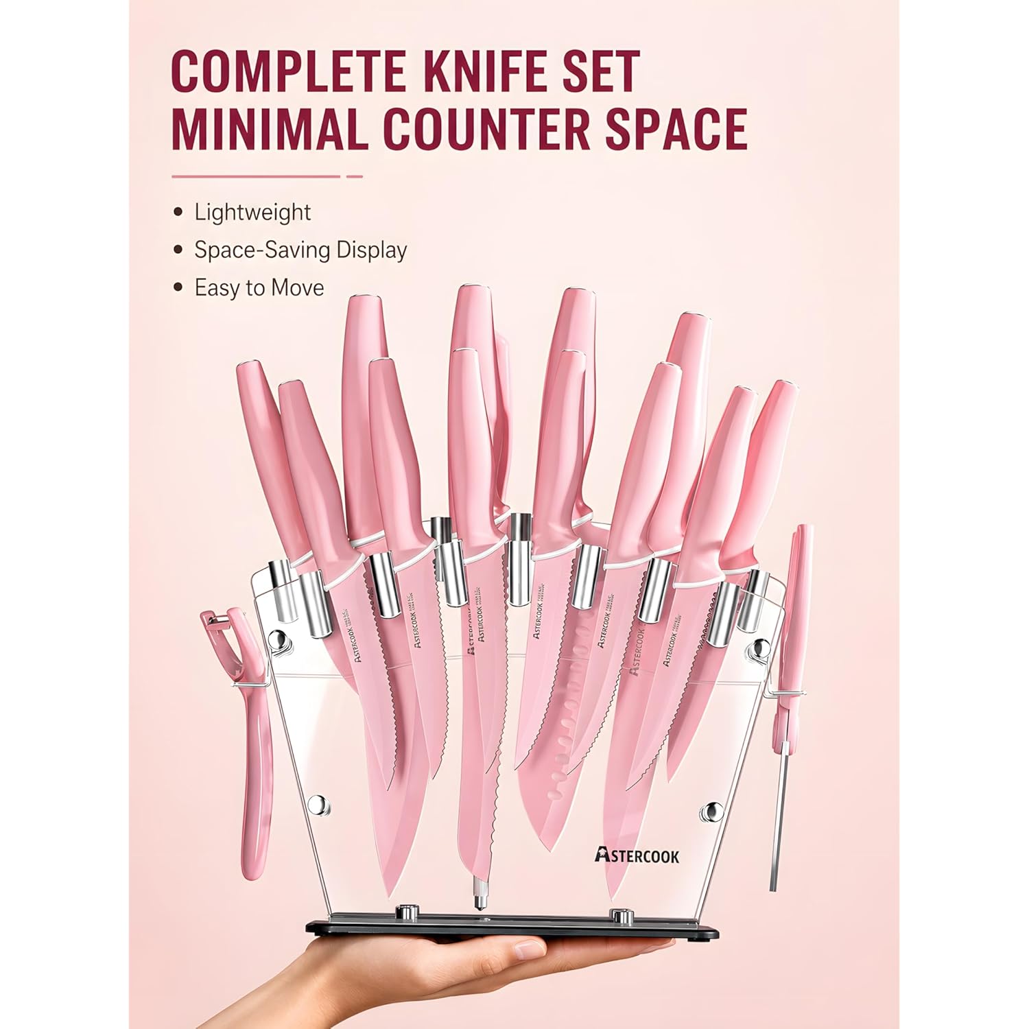 Astercook Knife Set with Block and Sharpener, 22 Piece Kitchen Knife Set Dishwasher Safe, Space-Saving Clear Knife Block with Knives for Everyday Home Cooking Pink