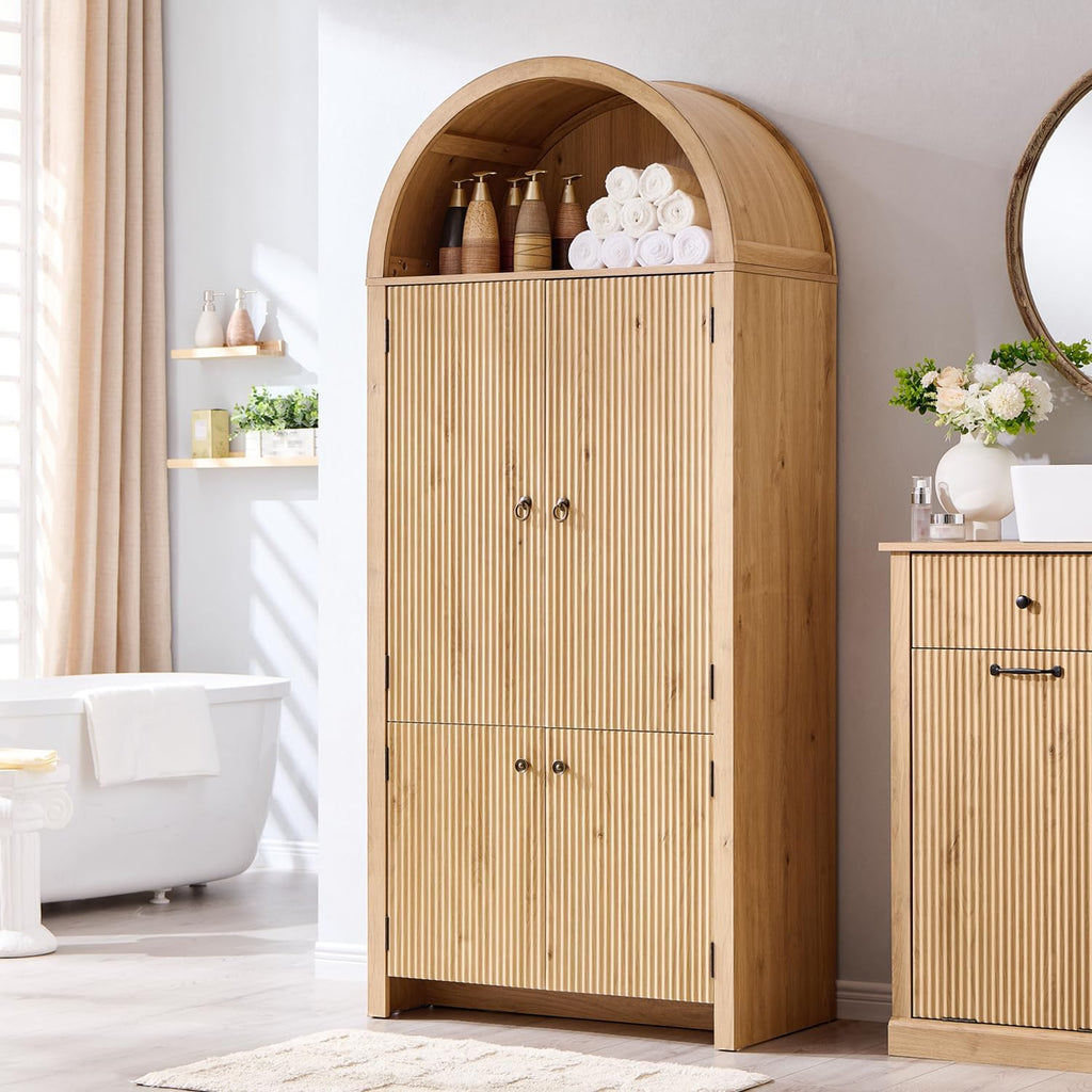 Ifget 71" Tall Arched Kitchen Pantry, Modern Fluted Wood Storage Cabinet With Doors, 3 Adjustable Shelves, 6 Door Shelves, Organizer, Versatile Cupboard For Kitchen, Bathroom, Natural