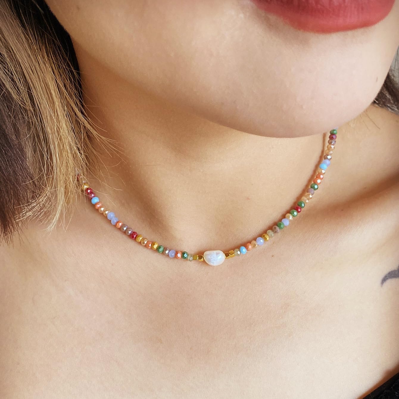 Colorful Beaded Necklaces for Women Crystal Bead Necklace Beach Necklaces Boho Necklaces for Women Pearl Beaded Choker Necklace Stainless Steel 18K Gold Plated Choker