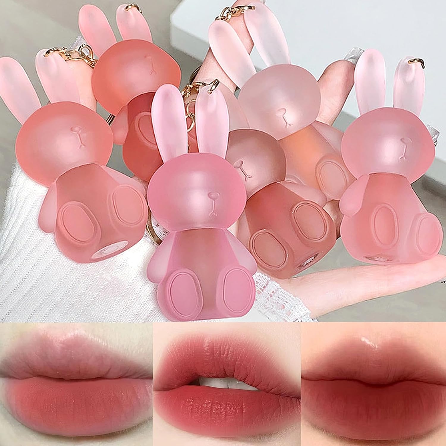 6 Colors Velvet Matte Liquid Lipstick Set, Cute Rabbit Lip Glaze 2 In 1 Key Chain Lip Gloss Lip Stain, Waterproof Non-Stick Cup Long Lasting Lip Clay Cute Lip Makeup For Girls (A)