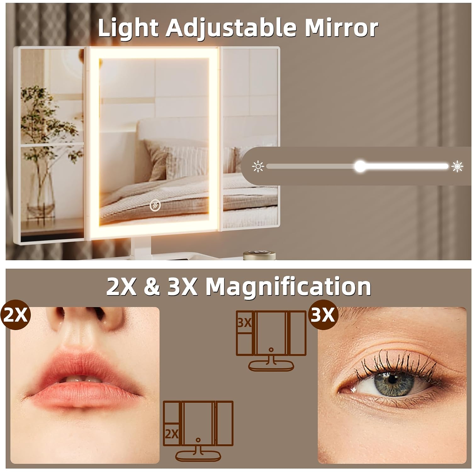 Small Makeup Vanity Desk 27.5''W With Mirror And Lights, White | 3 Drawers, Usb Lighted Mirror, Height-Adjustable Stand, Fabric Drawers, Girls/Kids Gifts, Bedroom, Small Space, Dorm