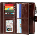 Itslife Womens Wallet RFID Blocking Large Capacity Luxury Wax Genuine Leather Wallets Clutch Wallet Ladies Card holder, Coffee