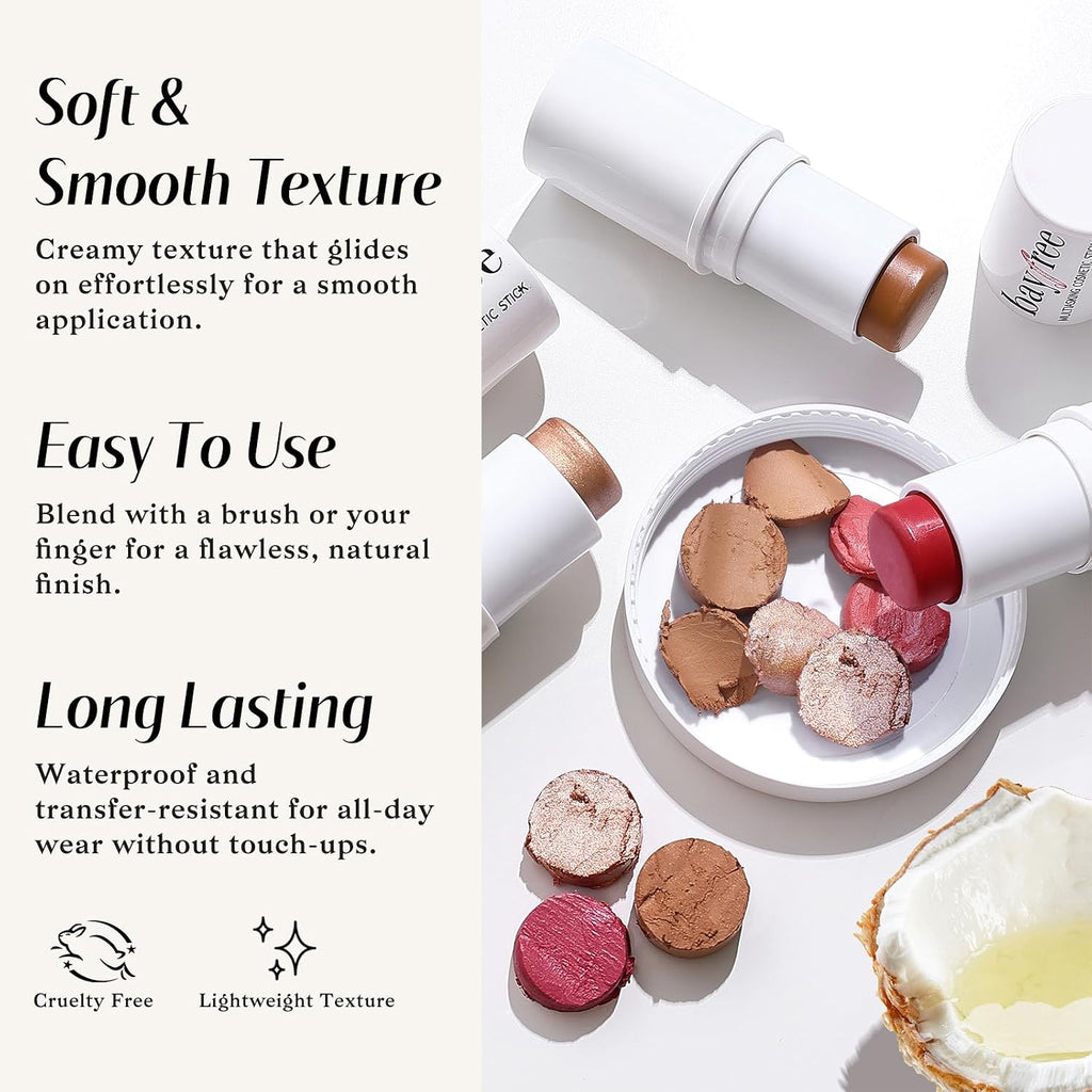 Kimuse Face Sticks Trio, Cream Blush Stick & Highlighter Stick & Contour Stick For Sculpt The Cheeks, Long Lasting Cream Contour Stick Trio For Face Makeup, With Brush