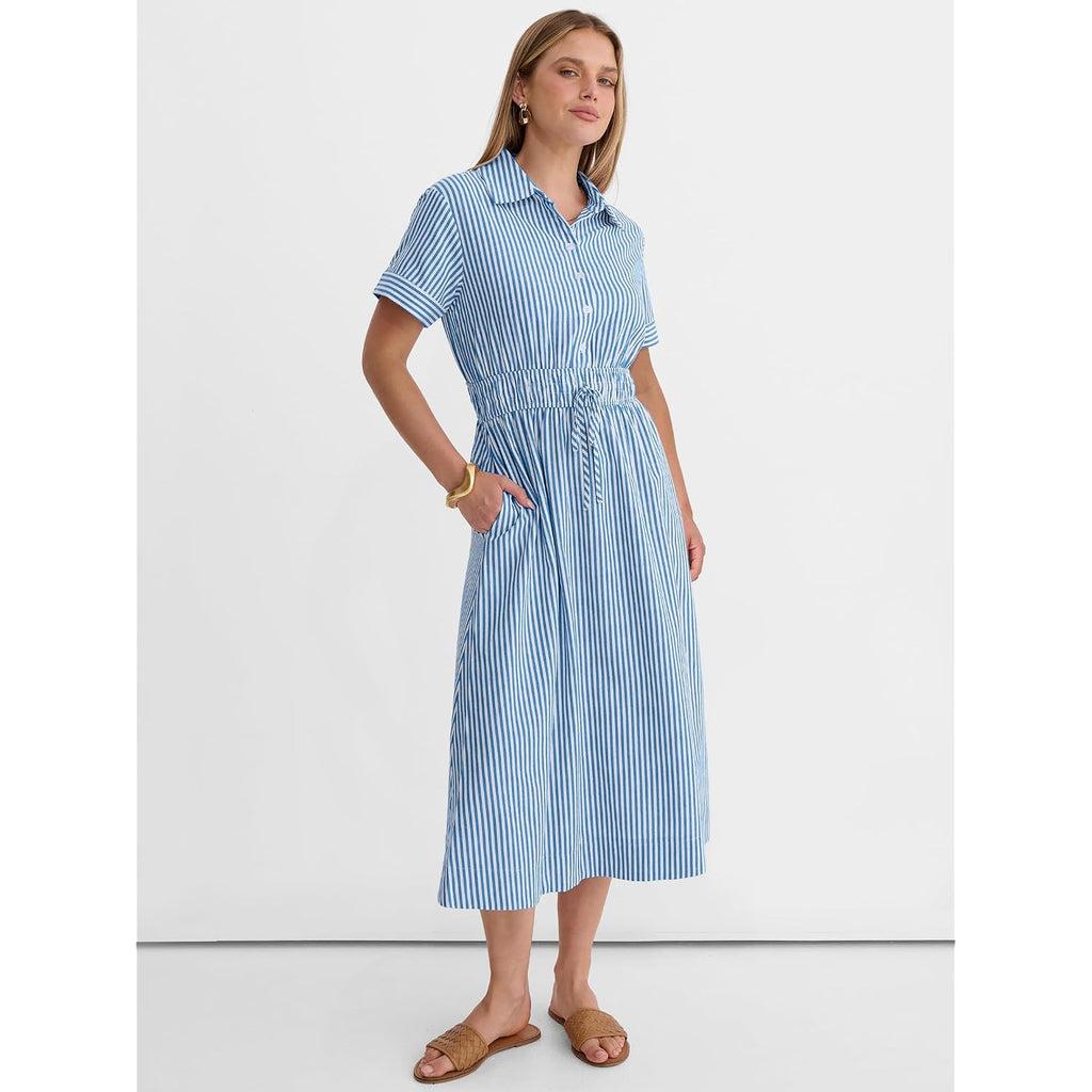 Anrabess Women Summer Short Sleeve Midi Dress, Striped & Gingham, Casual A-Line Button Collar Shirt Dress, Beach & Vacation