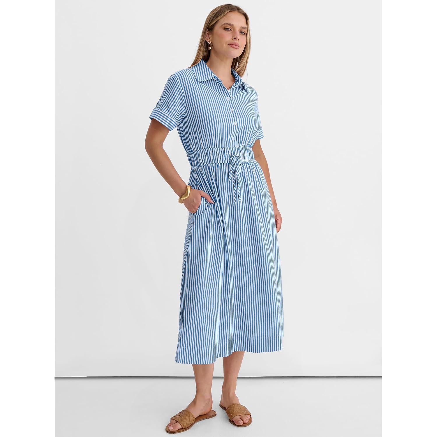 Anrabess Women Summer Short Sleeve Midi Dress, Striped & Gingham, Casual A-Line Button Collar Shirt Dress, Beach & Vacation