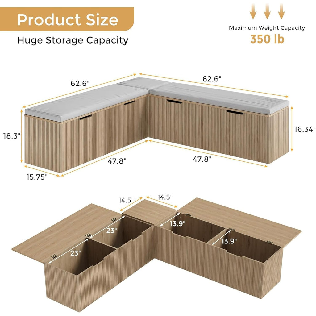L-Shape Storage Bench With Cushion, Backless Corner Dining Bench, Kitchen Dining Nook Bench With Hidden Storage For Dining Room, Kitchen, Entryway (Natural Wood)