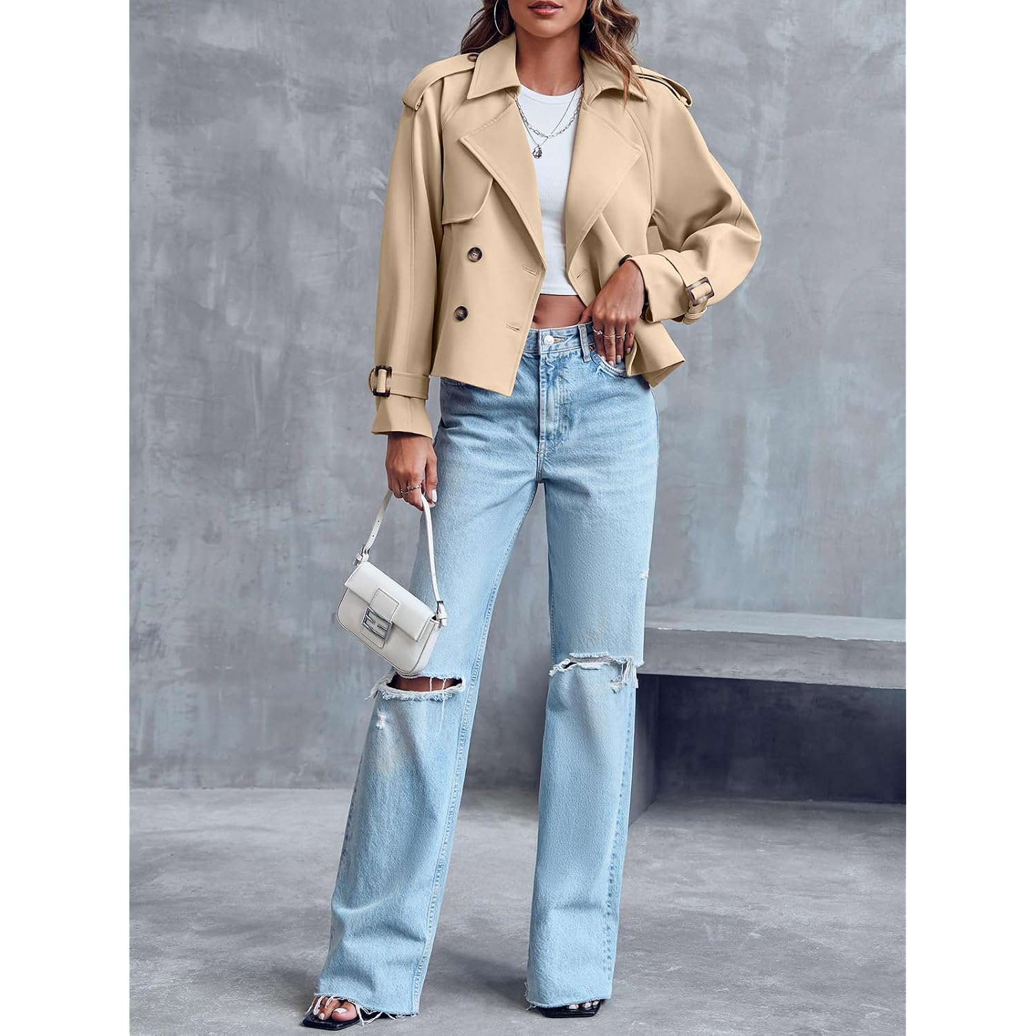 Saodimallsu Women Crop Double Breasted Trench Coat Raglan Sleeve Work Office Cropped Jacket With Pockets