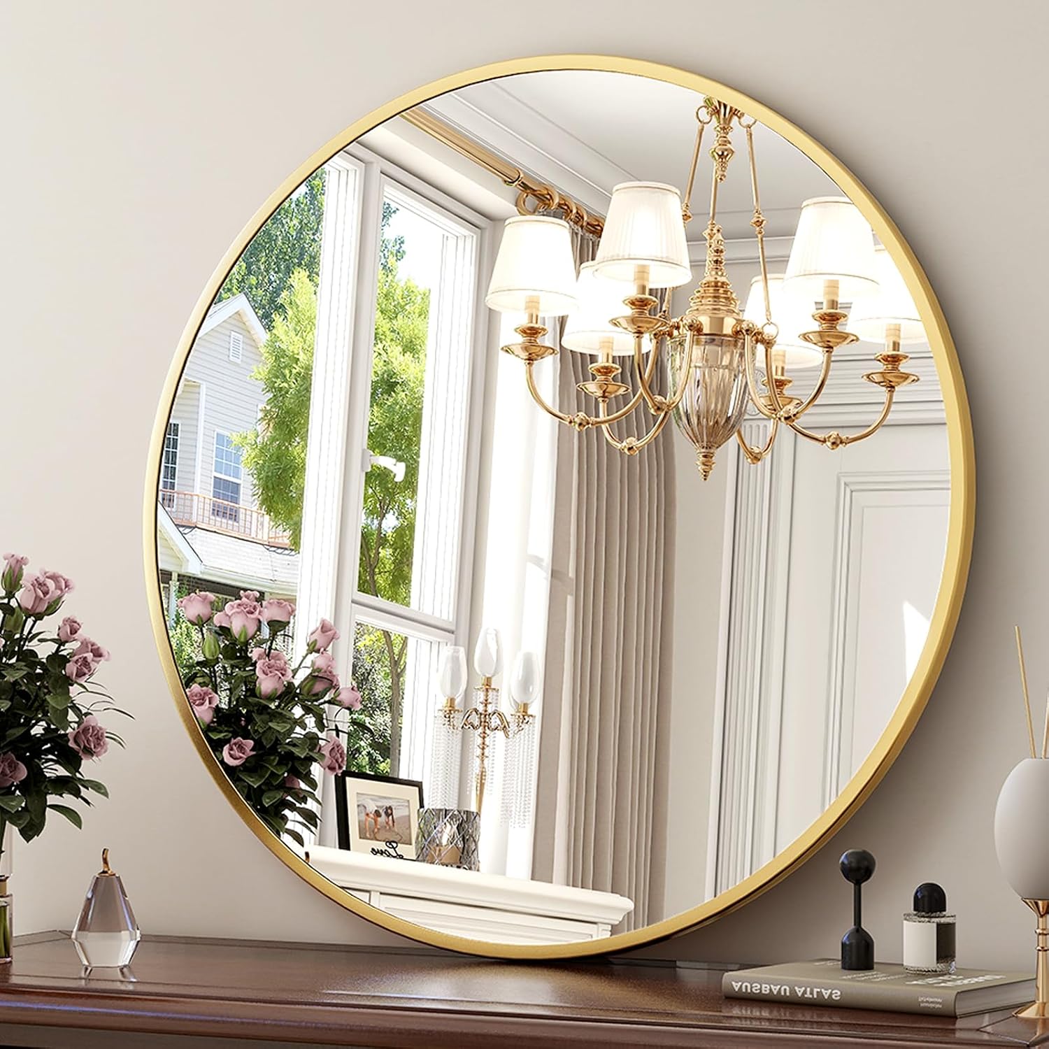 24 Inch Round Mirror - Circle Mirrors For Bathroom, Entryway And Living Room Wall Decor, Modern Hanging Vanity Mirror, Matte Gold Circle Decorative Wall Mirror