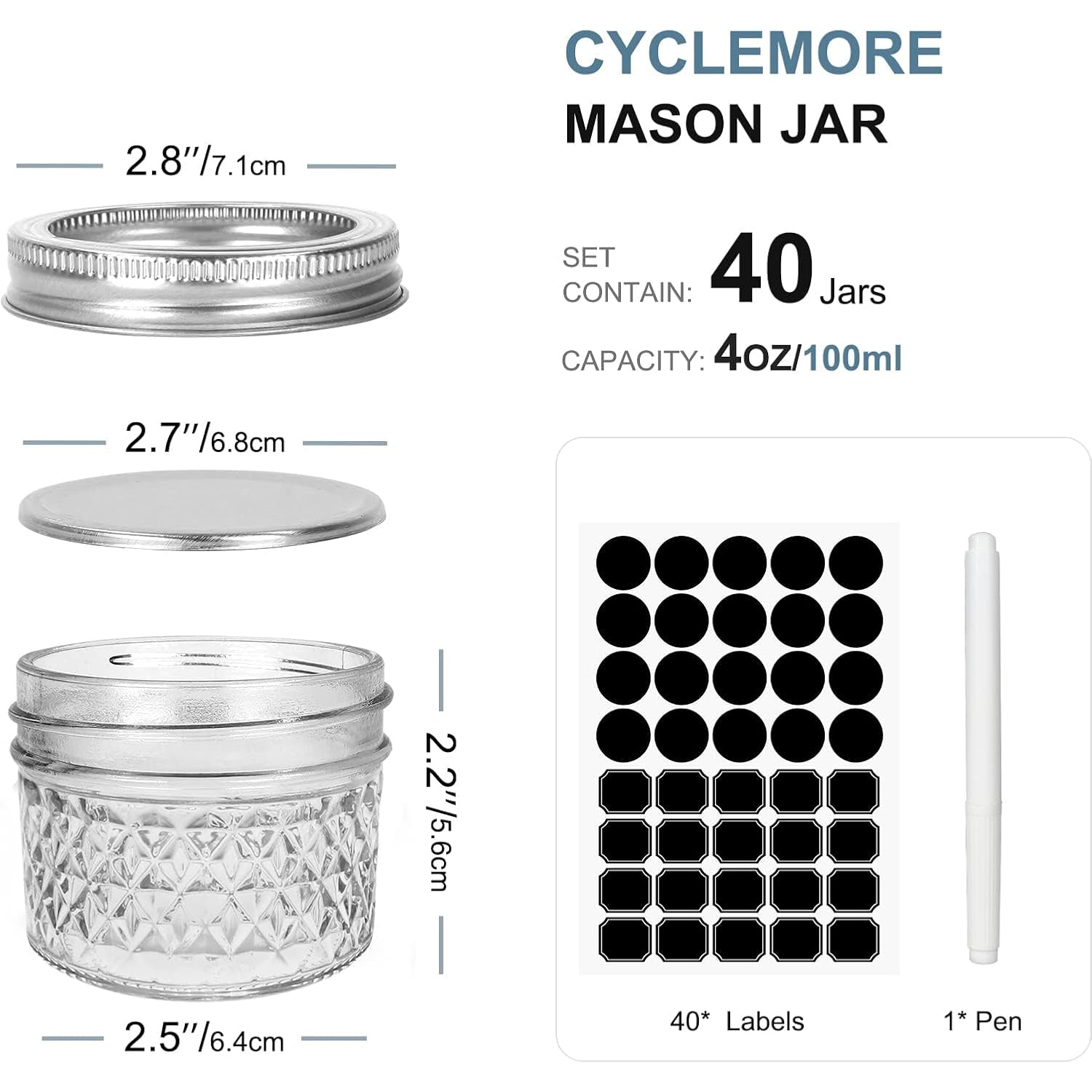 CycleMore 40 Pcs 4oz Clear Glass Mini Mason Jars With Silver Separable Lids and Diamond appearance, Small Spice Canning Jars for Honey, Jam, Jelly, Wedding Favors, Kitchen Food Storage