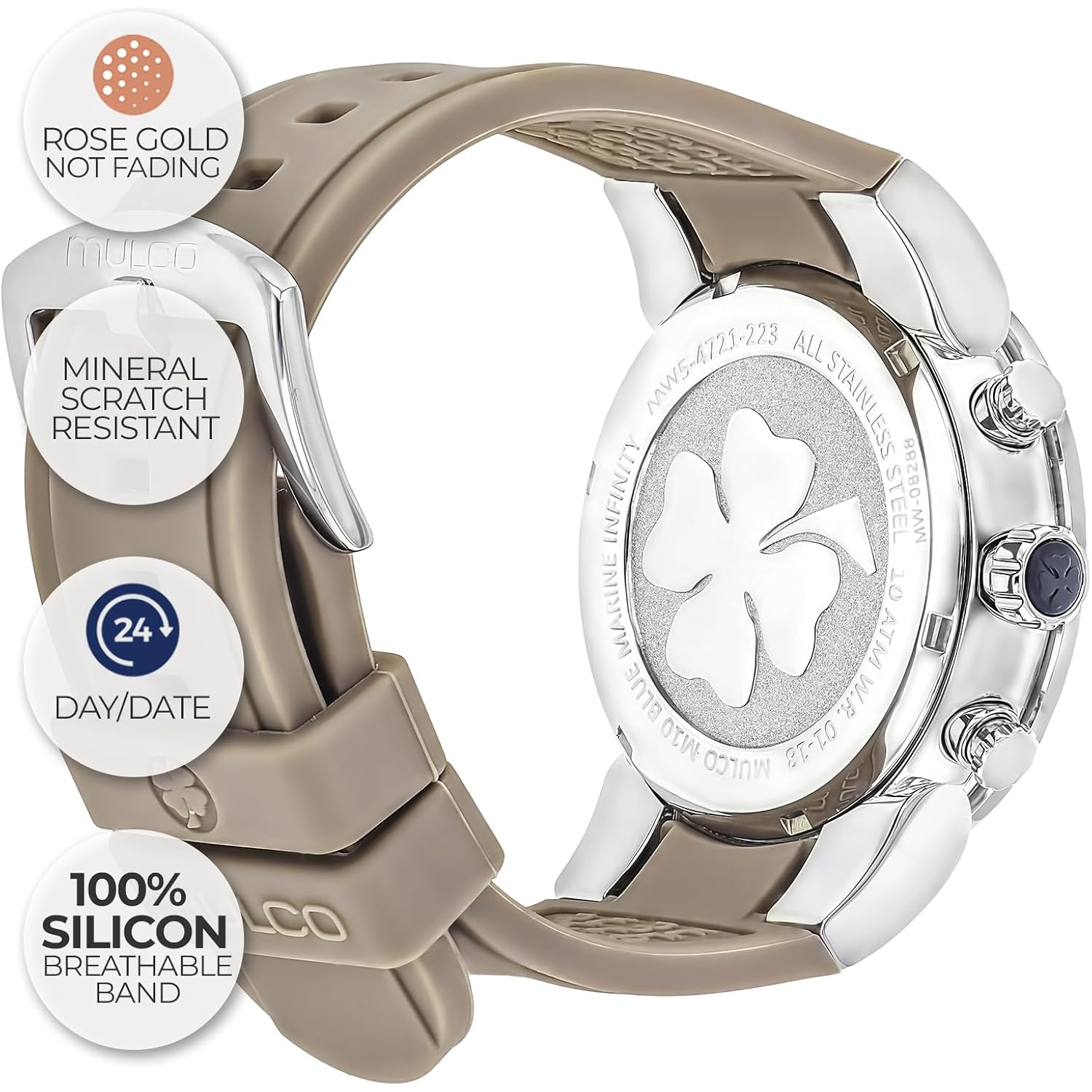 Mulco Luxury Watch For Women - Blue Marine Infinity, Stainless Steel Case With Wrist Silicone Band, Quartz Multifunctional Movement Large Face Analog Display, Crystal Stones, 100M-Waterproof