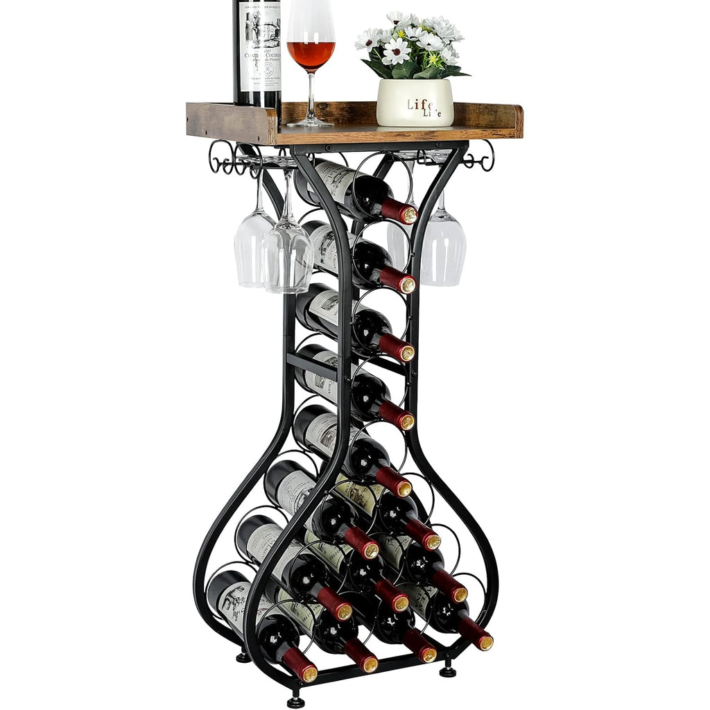 X-Cosrack Wine Rack Freestanding Floor, Mini Bar Table Wine Holder Stand Liquor Cabinet With Glass Holder Wood Tabletop 14 Bottles Floor Wine Storage For Home Bar Kitchen Living Room