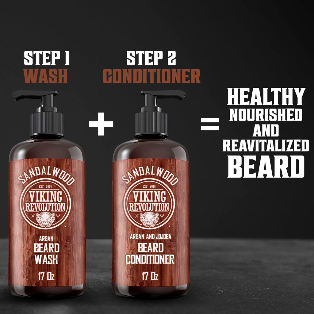 Viking Revolution Beard Wash Shampoo w/Argan & Jojoba Oils - Softens & Strengthens - Sandalwood Scent - 17 oz Shampoo