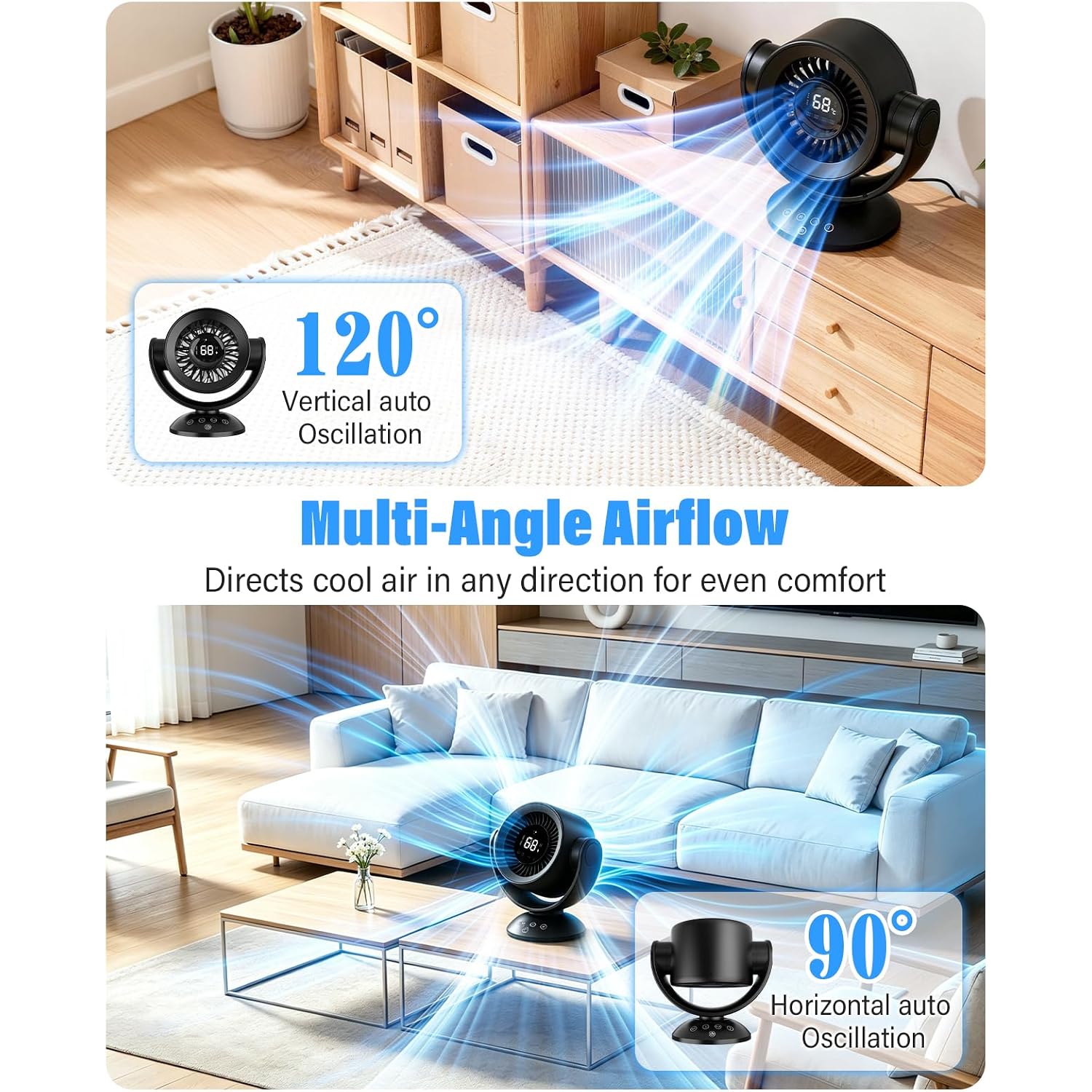 Fan For Bedroom,Desk Fans,Air Circulator Fan With Remote, 90°Vertical +120°Auto Oscillating,100 Speeds, 10H Timer, 25Db Quiet Fan,Digital Display Rechargeable Usb, For Home Office Travel（Black）