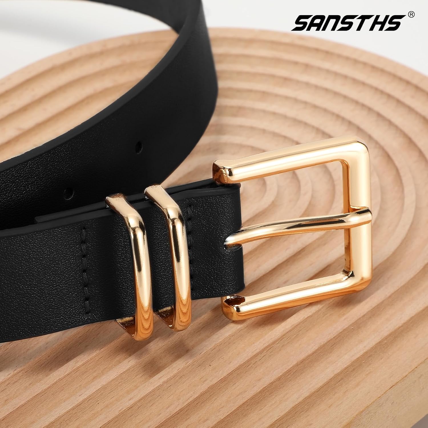 SANSTHS 3 PACK Women Leather Belts for Jeans Pants Dresses Fashion Ladies Waist Belt with Gold Square Buckle