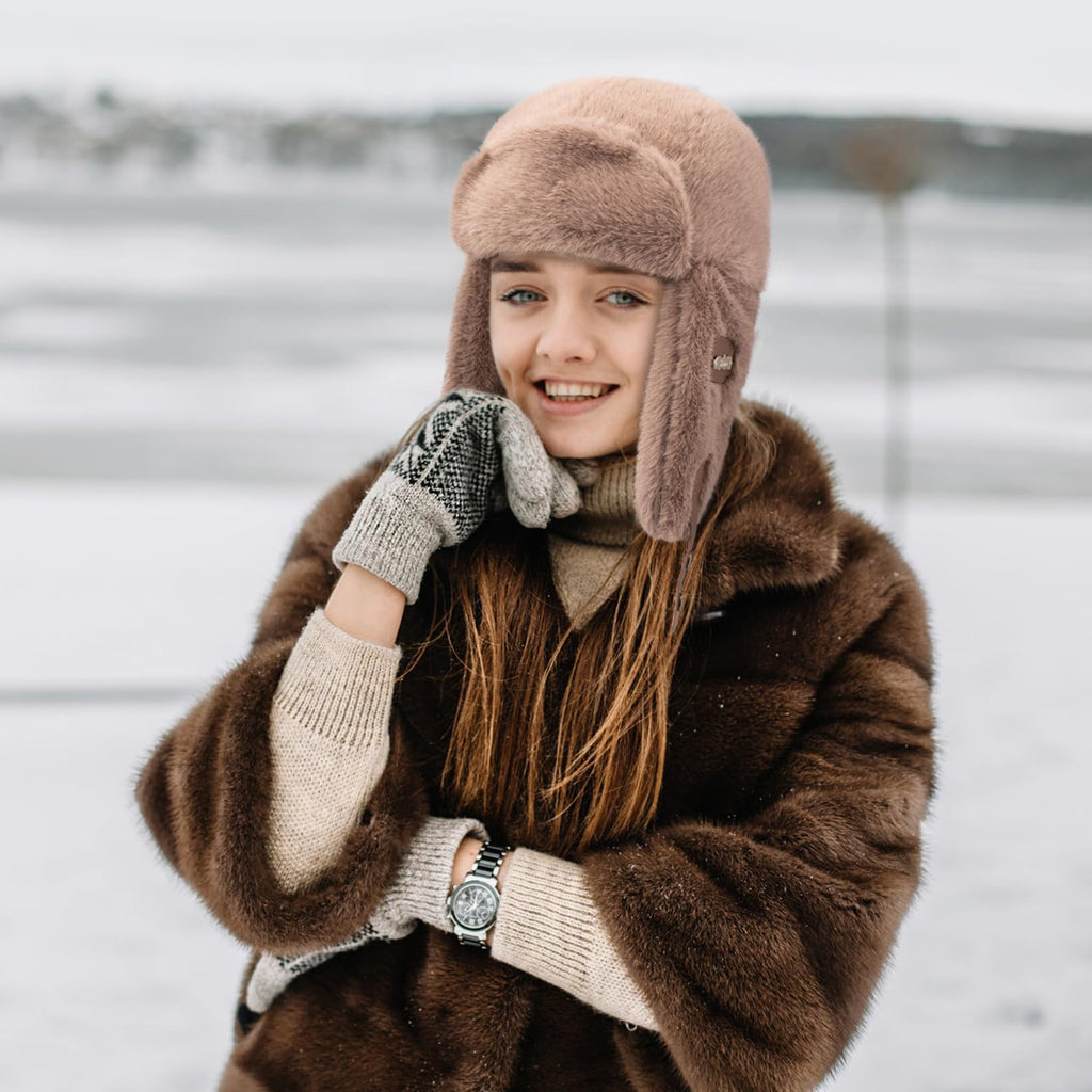 Piecees Fur Trapper Hat for Women Men Winter Hats with Ear Flaps Fuzzy Russian Ushanka Fluffy Snow Hat for Cold Weather Warm