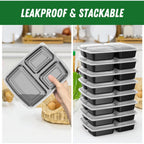 50 Pack (100-Piece) 32 Oz Meal Prep Containers Reusable With Lids 3-Compartment, To Go Take Out Plastic Food Storage Containers, Sturdy Leakproof Food Safe, Microwave Freezer Dishwasher Safe, Black