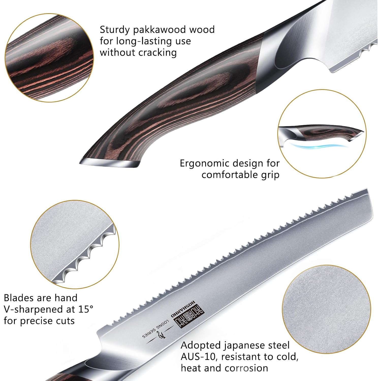 Hoshanho Bread Knife 10 Inch, Japanese High Carbon Stainless Steel Serrated Bread Knives, Professional Bread Cutting Knife For Homemade Bread