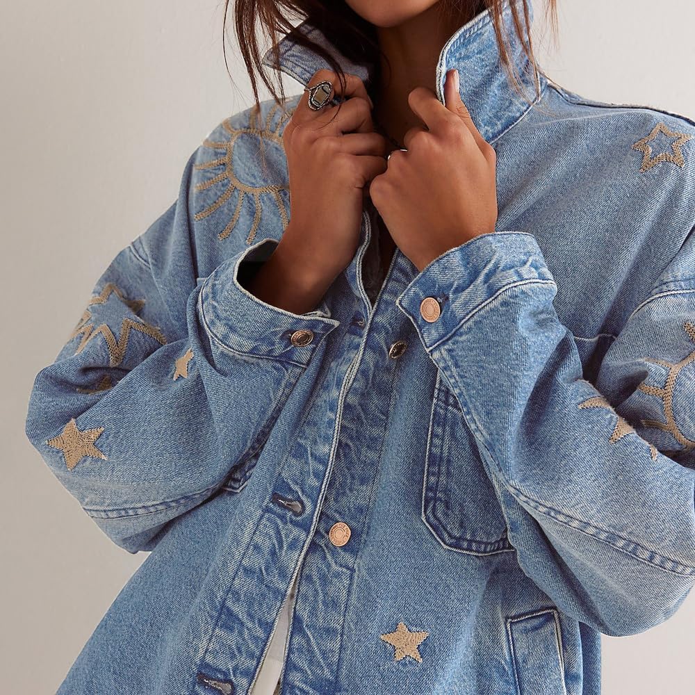 Women'S Vintage Oversized Denim Jacket Embroidered Graphic Casual Loose Fit Button Down Jean Jacket