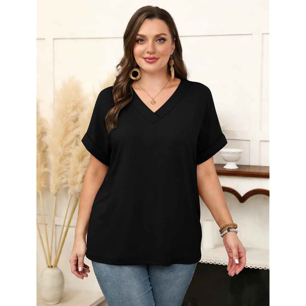 Wiholl Womens Oversized V Neck Tshirts Plus Size Summer Tops 2026 Short Rolled Sleeve Shirts Dressy Casual Blouses S-4Xl