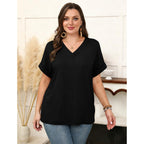 Wiholl Womens Oversized V Neck Tshirts Plus Size Summer Tops 2026 Short Rolled Sleeve Shirts Dressy Casual Blouses S-4Xl