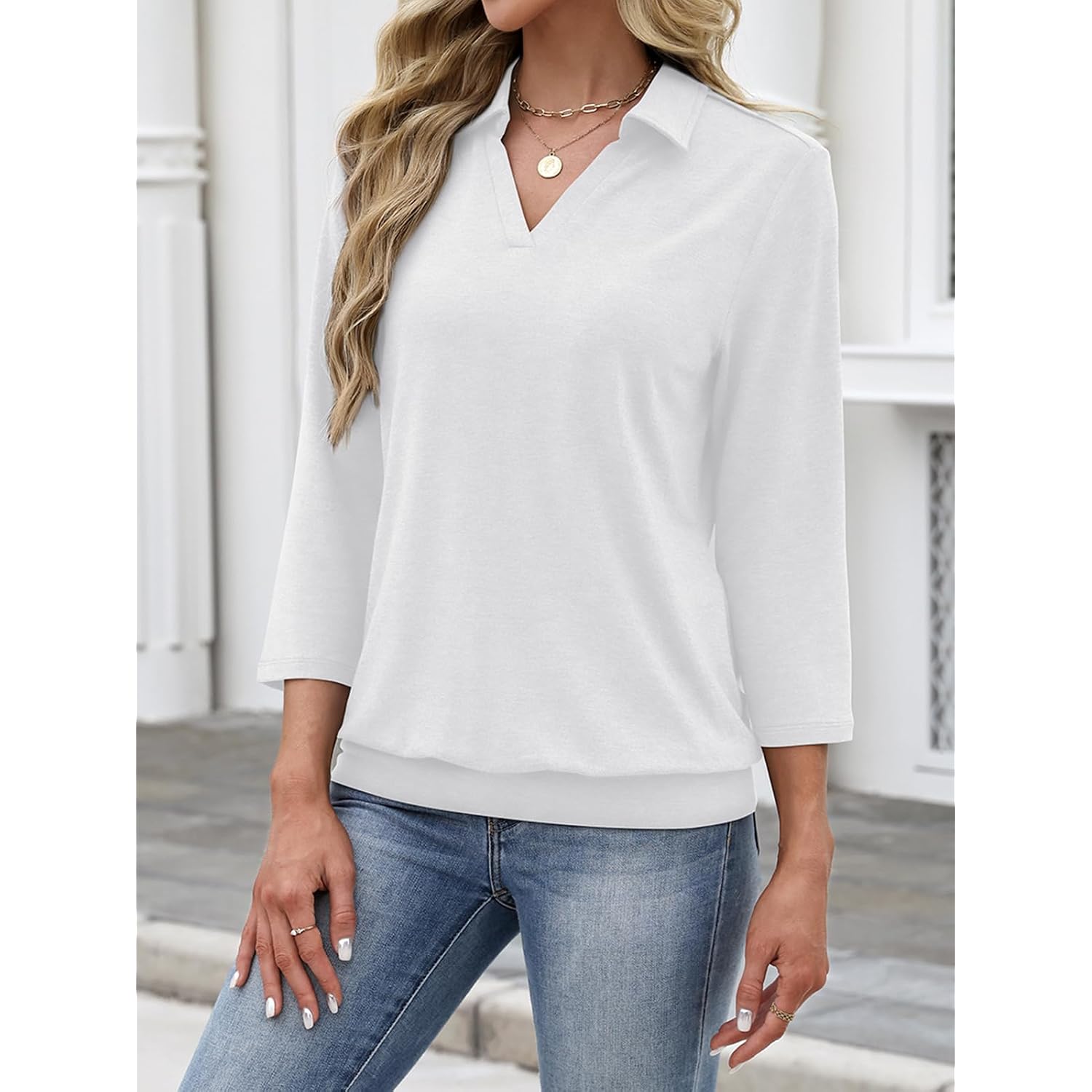 Ticticmiss Womens Polo Shirts 3/4 Sleeve Banded Bottom Tops Business Casual Tops Collared V Neck Blouses