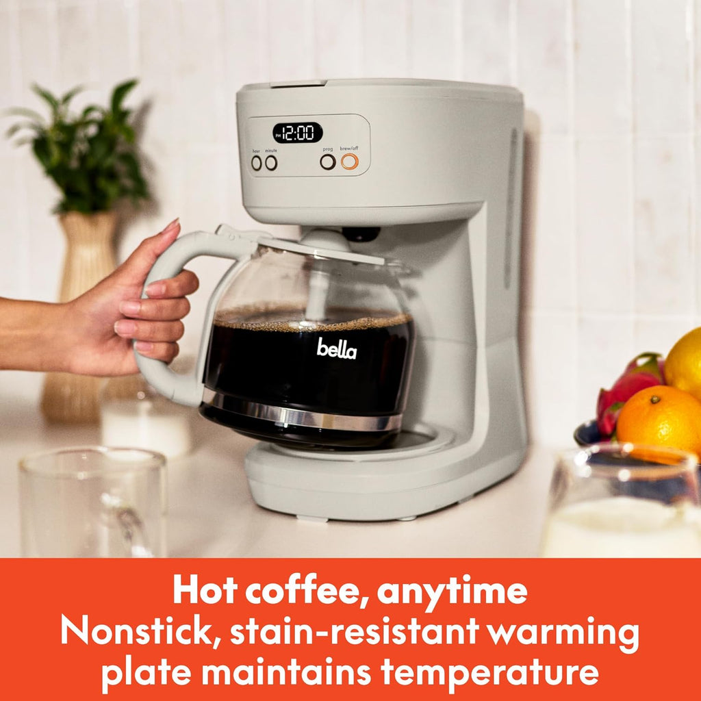 BELLA 12 Cup Programmable Coffee Maker, Reusable Dishwasher Safe Accessories, Easy LCD display, Auto Shutoff, 900 watt, Oatmilk