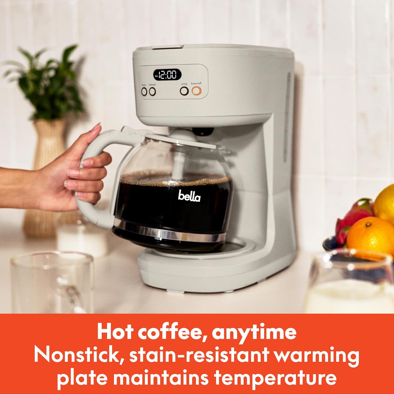 BELLA 12 Cup Programmable Coffee Maker, Reusable Dishwasher Safe Accessories, Easy LCD display, Auto Shutoff, 900 watt, Oatmilk