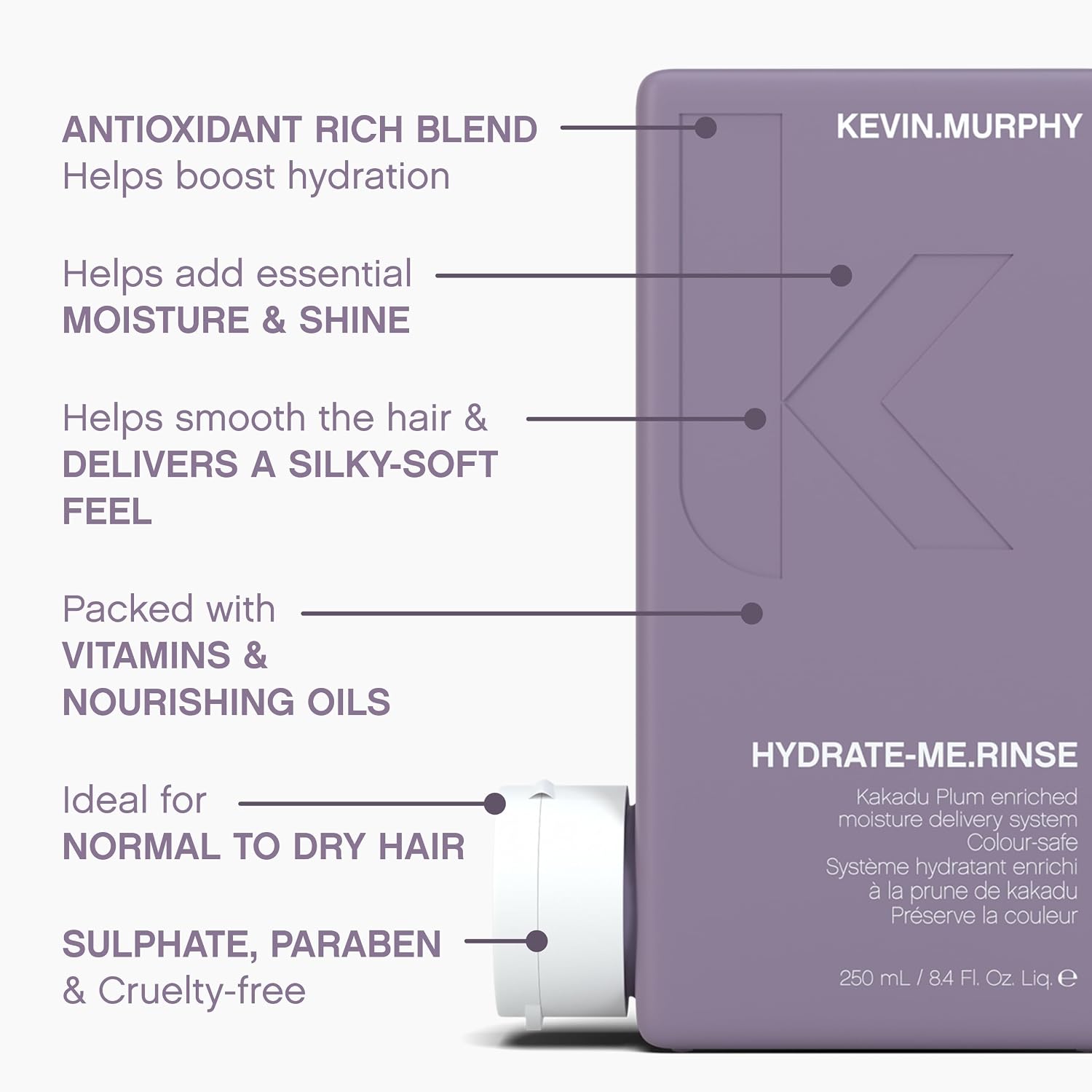Kevin.Murphy Hydrate-Me.Rinse - Moisturising Conditioner - For Normal & Dry Hair - Hair Repair - Colour Safe Conditioner - With Antioxidant Blend & Kakadu Plum - 250 Ml / 8.4 Fl Oz