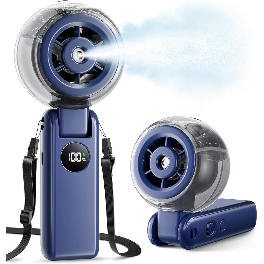 Portable Handheld Misting Fan, 4000Mah Rechargeable 3-In-1 Foldable Cooling Turbo Fan, 1-100 Stepless Speed With Water Spray & Led Display, Desk & Neck Personal Fan For Travel Beach Outdoor (Blue)