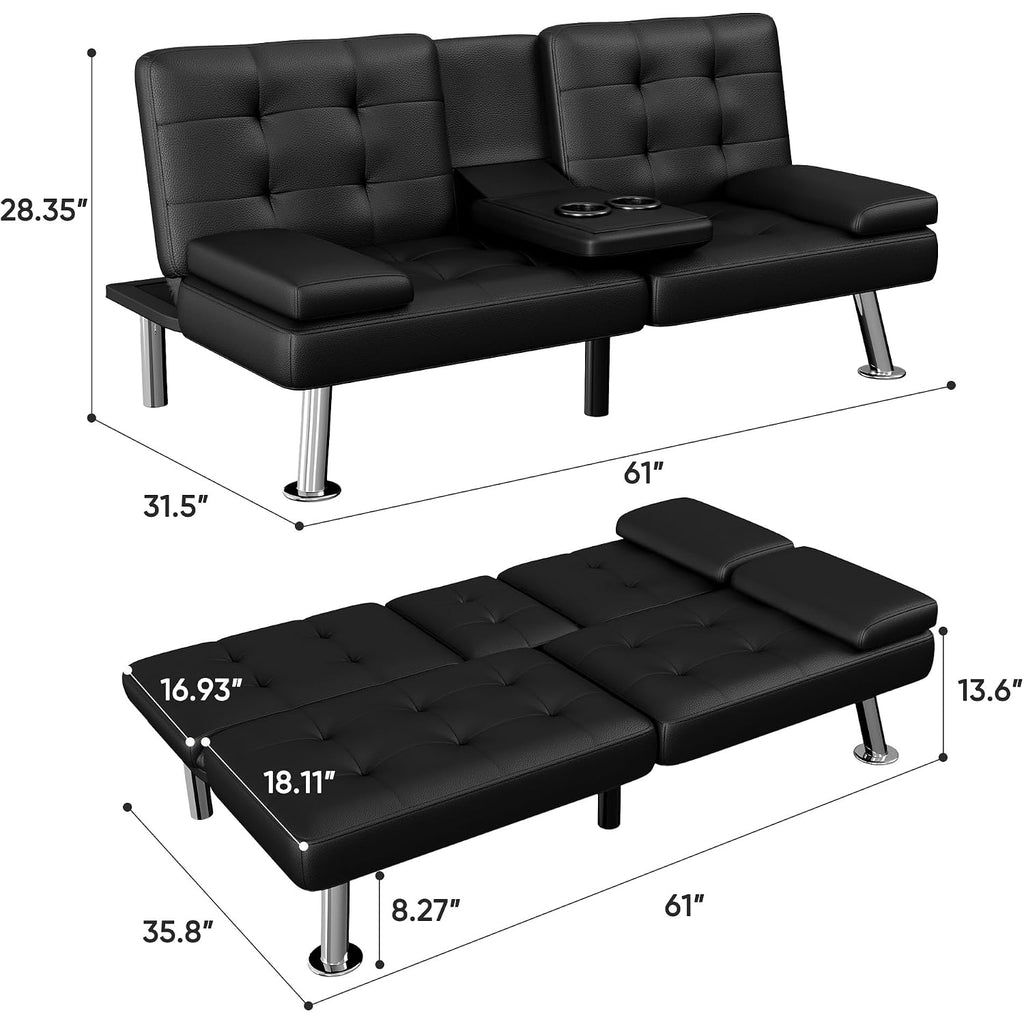 Flamaker Futon Sofa Bed Modern Folding Futon Set Convertible Recliner Lounge For Living Room With 2 Cup Holders, Removable Armrests (Pu Leather, Black)