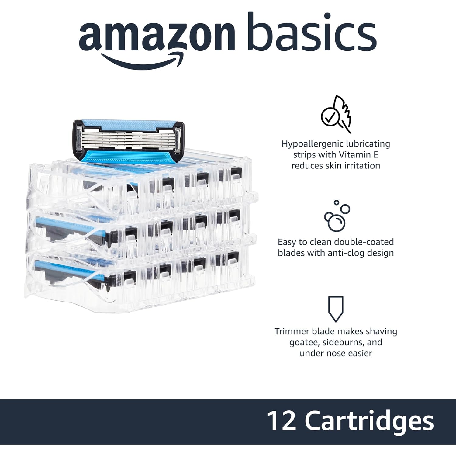 Amazon Basics 5-Blade Razor Refills for Men with Dual Lubrication, Hypoallergenic, Clean Shave, Precision Beard Trimmer, 12-Pack (Fits Amazon Basics Razor Handles only)