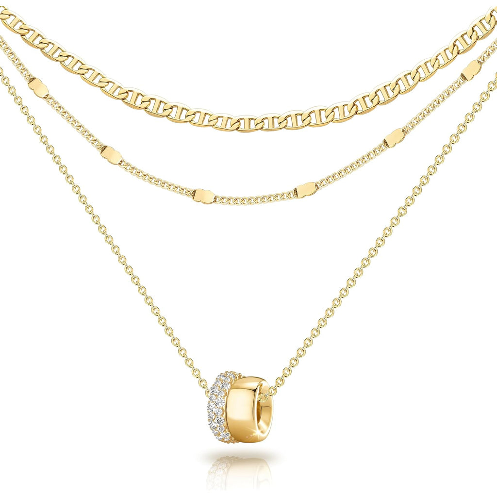 OGD Layered CZ Rondelle Pendant Necklaces for Women, 14K Gold Plated Trendy Mariner Chain Dainty Circle Rondelle Pendant Choker Necklace for Women Two-Toned Cubic Zirconia Gold Necklace