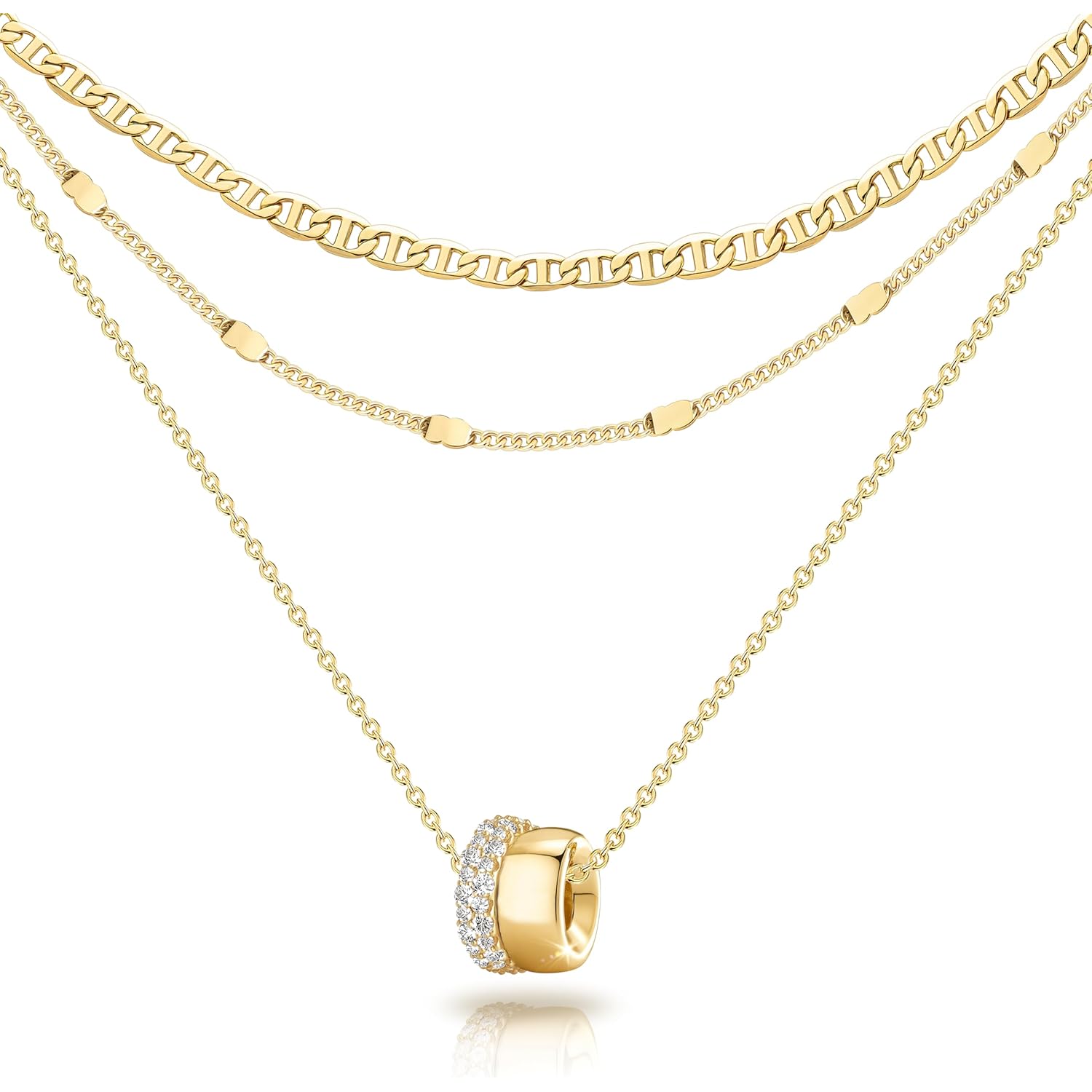OGD Layered CZ Rondelle Pendant Necklaces for Women, 14K Gold Plated Trendy Mariner Chain Dainty Circle Rondelle Pendant Choker Necklace for Women Two-Toned Cubic Zirconia Gold Necklace