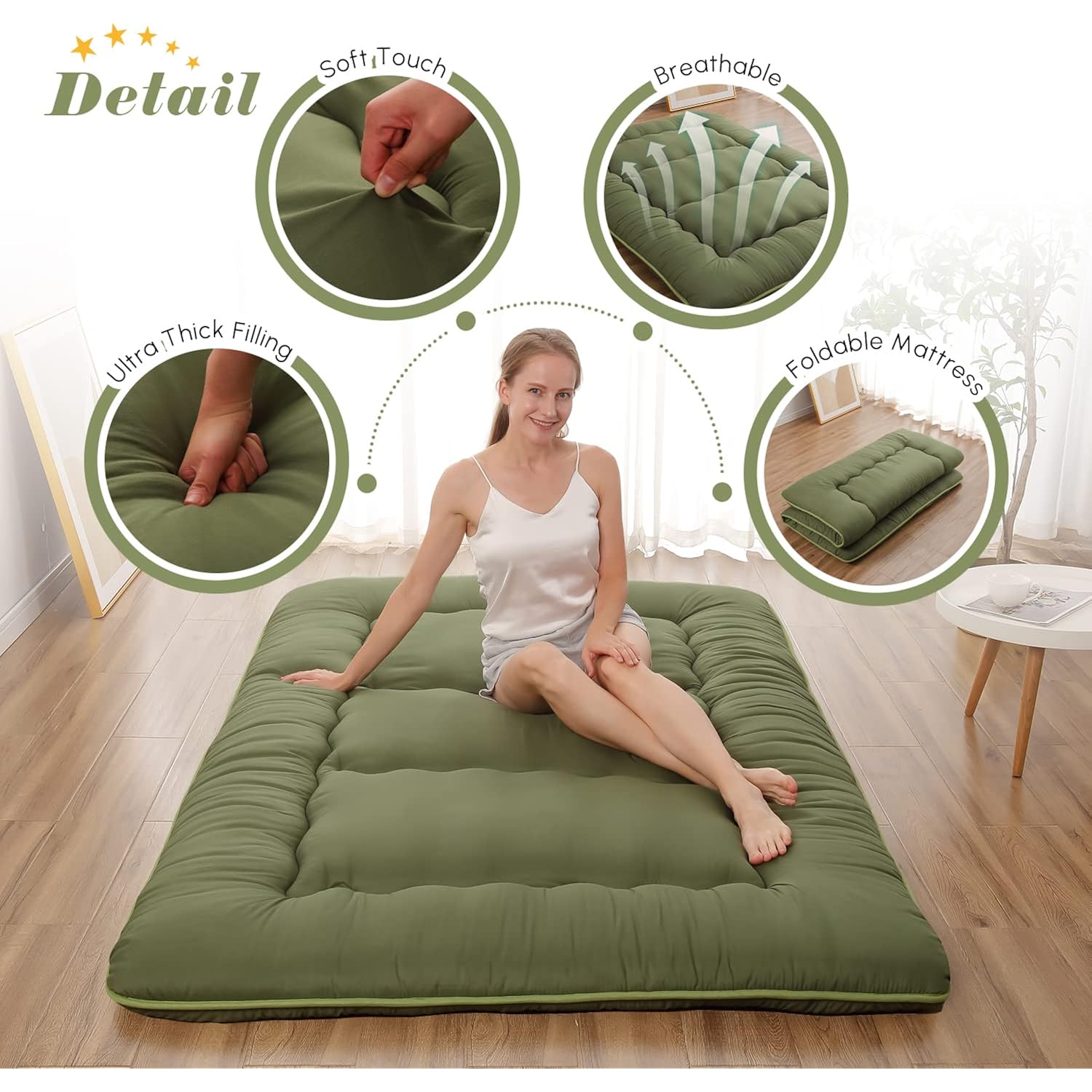 Japanese Floor Mattress, Futon Mattress With Portable Storage Bag And Washable Cover, Roll Up Thick Tatami Mat Suitable For Camping, Guest Room, Green, Twin