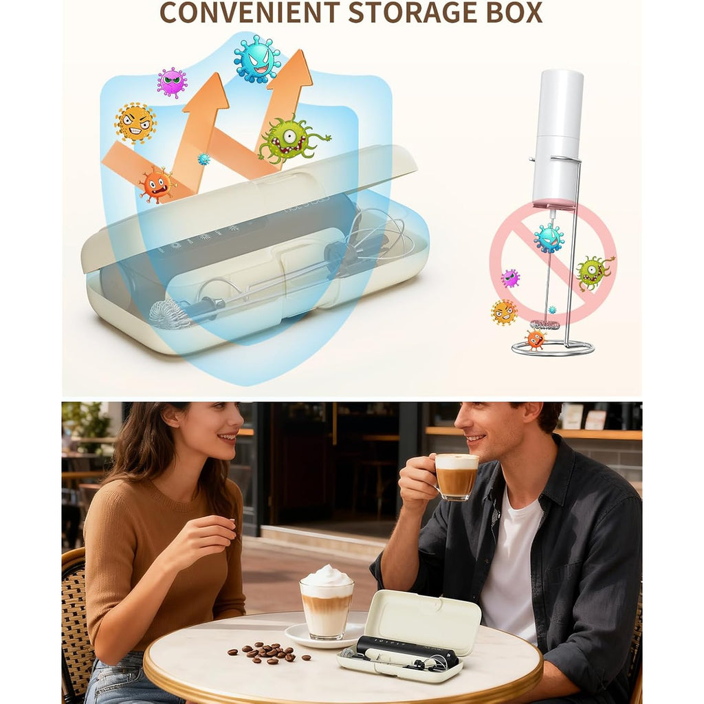 Circle Joy Rechargeable Handheld Milk Frother Wand With 3 Variable Speeds, 3 Whisks And Storage Box, Electric Drink Mixer For Latte, Cappuccino, Hot Chocolate, Eggs And Protein Powder, Black
