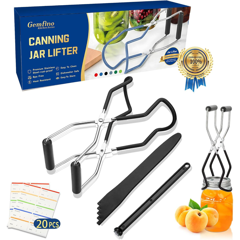 Canning Jar Lifter Tongs With Jar Lid Lifter Magnetic Lid Lifter,Canning Bubble Popper Bubble Remover And Canning Labels For Canning Supplies Starter Kit,4Pcs Canning Tools-Black