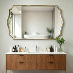 Pozino 48"X30" Large Brushed Gold Scalloped Wall Mirror With Beveled Edge | Stainless Steel Frame Hd Mirror, Horizontal/Vertical Mount, Rectangle Wavy Wall Mirror For Bathroom Vanity Entryway Bedroom