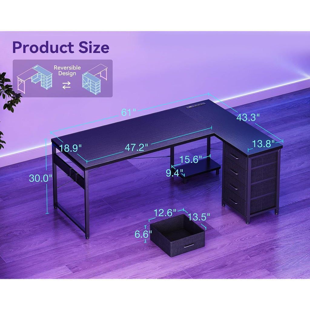 Aodk L Shaped Gaming Desk With 4 Drawers, 61" Reversible Home Office Desks With Power Outlets, L Shaped Computer Desk With Usb Charging Port And Host Stand, Corner Desk, Easy To Assemble, Black