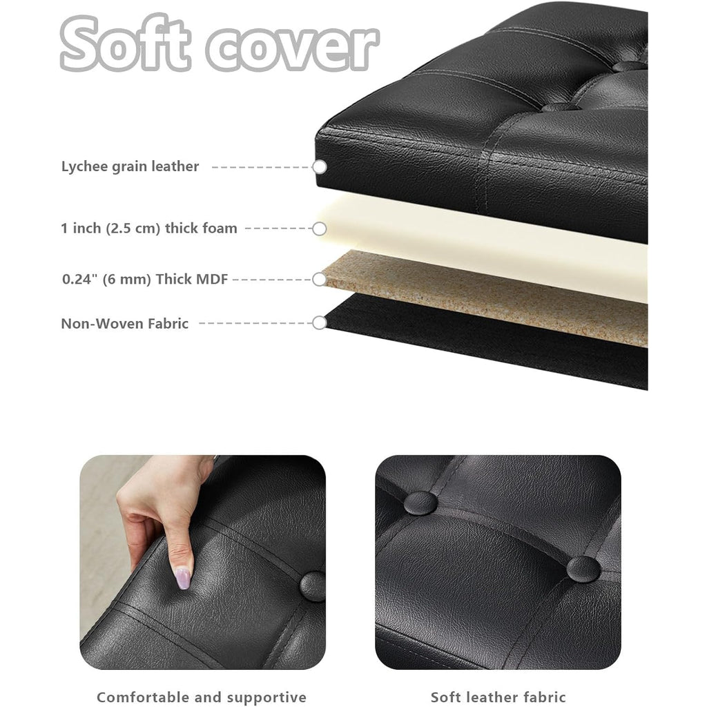 Bsketa Storage Ottoman, Folding Foot Stool With Thicker Foam Padded Seat Small Leather Storage Ottoman Bench Foot Rest For Living Room Foldable Coffee Table 17X13X13In,Black