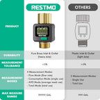 Restmo Water Flow Meter, Measure Gallon/Liter Consumption And Flow Rate | Brass Inlet & Outlet, Water Meter For Outdoor Garden Hose Watering, Rv Water Tank Filling, Lawn Sprinkler And Nozzle Sprayer