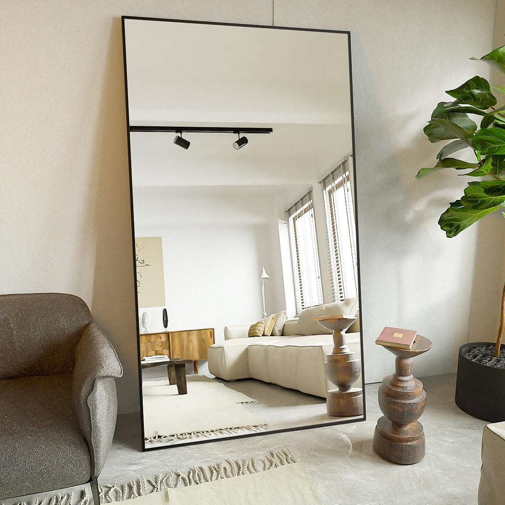 Koonmi 76"X34" Floor Mirror Full Length, Bedroom Floor Body Mirror With Stand, Large Black Mirror, Leaning, Standing Or Hanging Horizontally/Vertically