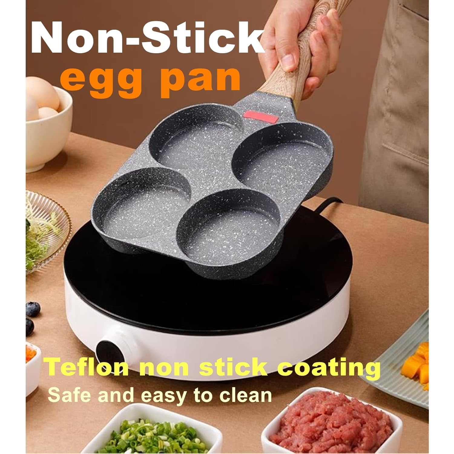 HUPECHAM 4-Cup Egg Pan Nonstick, and Granite Egg Frying Pan, Versatile Breakfast Skillet for Eggs, Pancakes, Plett, Crepes, Compatible with Gas Stove and Induction Cooktop