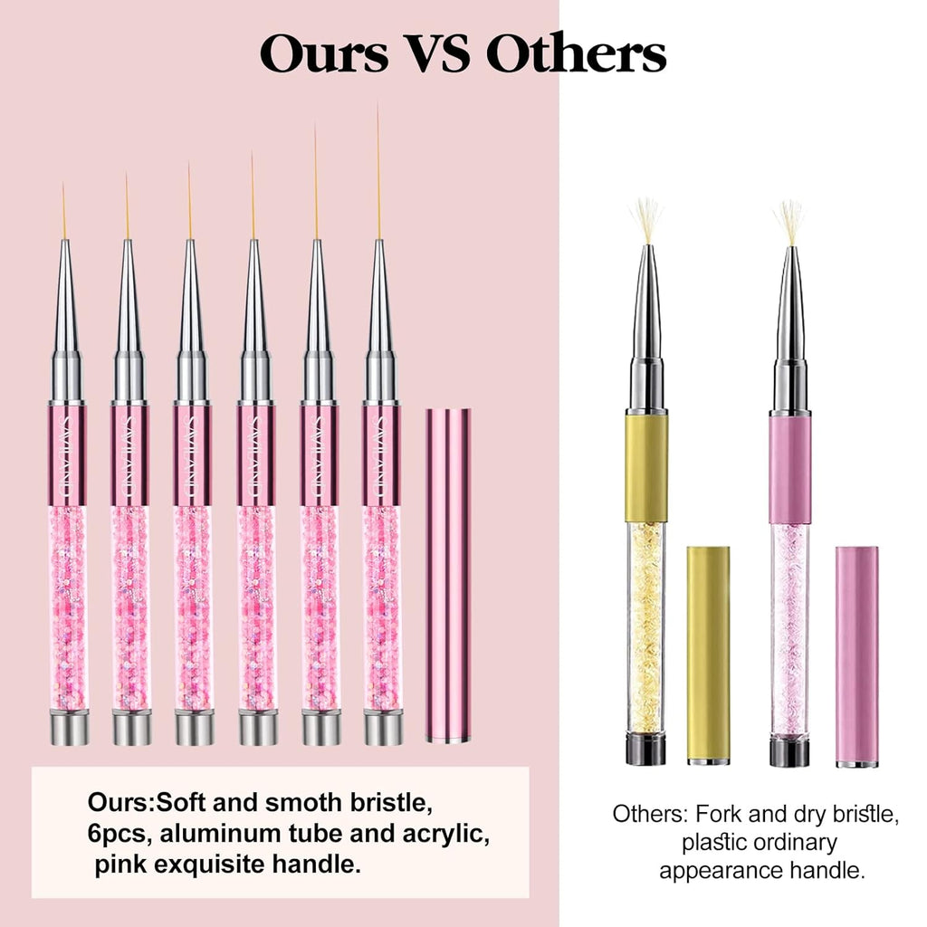 SAVILAND 6pcs Nail Art Liner Brushes Set: Nail Brush Gel Polish Painting Nail Art Design Brushes Pen with Crushed Diamond Rhinestone Handle for Pulling Lines,Sizes 7/9/11/13/17/23 mm