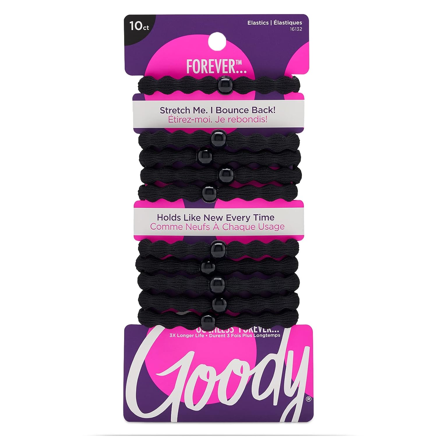 Goody Ouchless Forever Hair Elastics, 10 Ct, Black, Damage-Free Bands, 3X Stronger Elastic Ties, Retainable Shape, 16 Strand Inner Core, Styling Accessories For Women & Men, All Hair Types